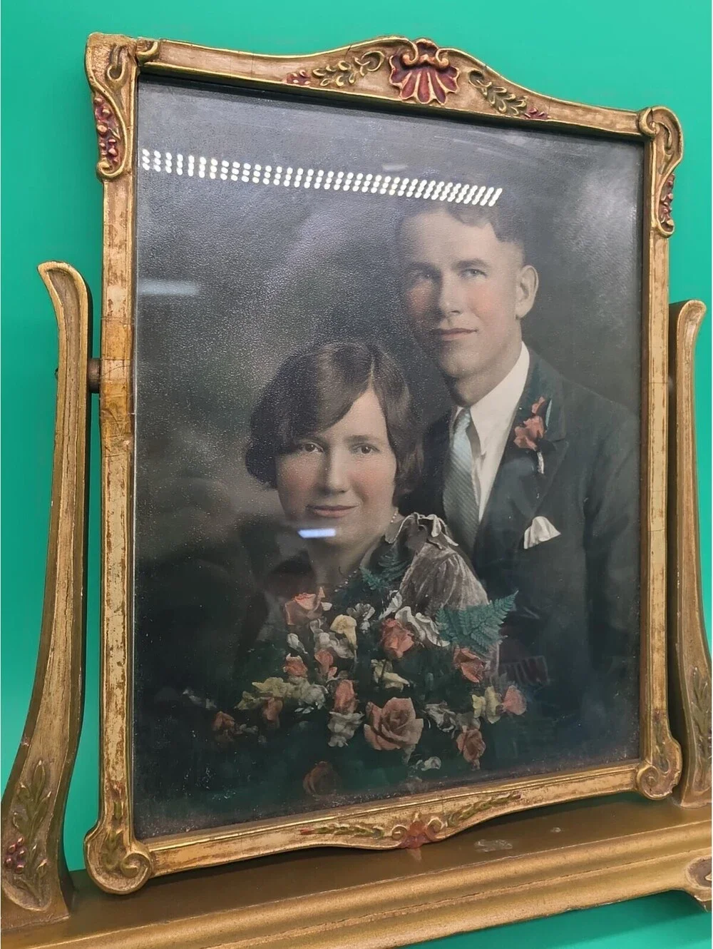 Antique 1930s Art Deco Victorian Style Ornate Wood Picture Frame Hand Colored
